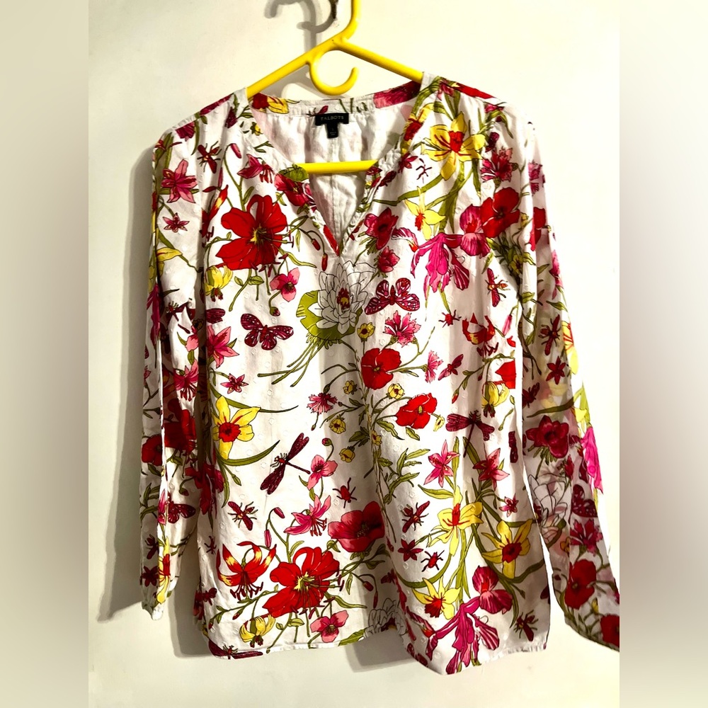 Talbots White & Pink Whimsigoth Cottagecore Boho Floral Long Sleeve Top -‎ Small
